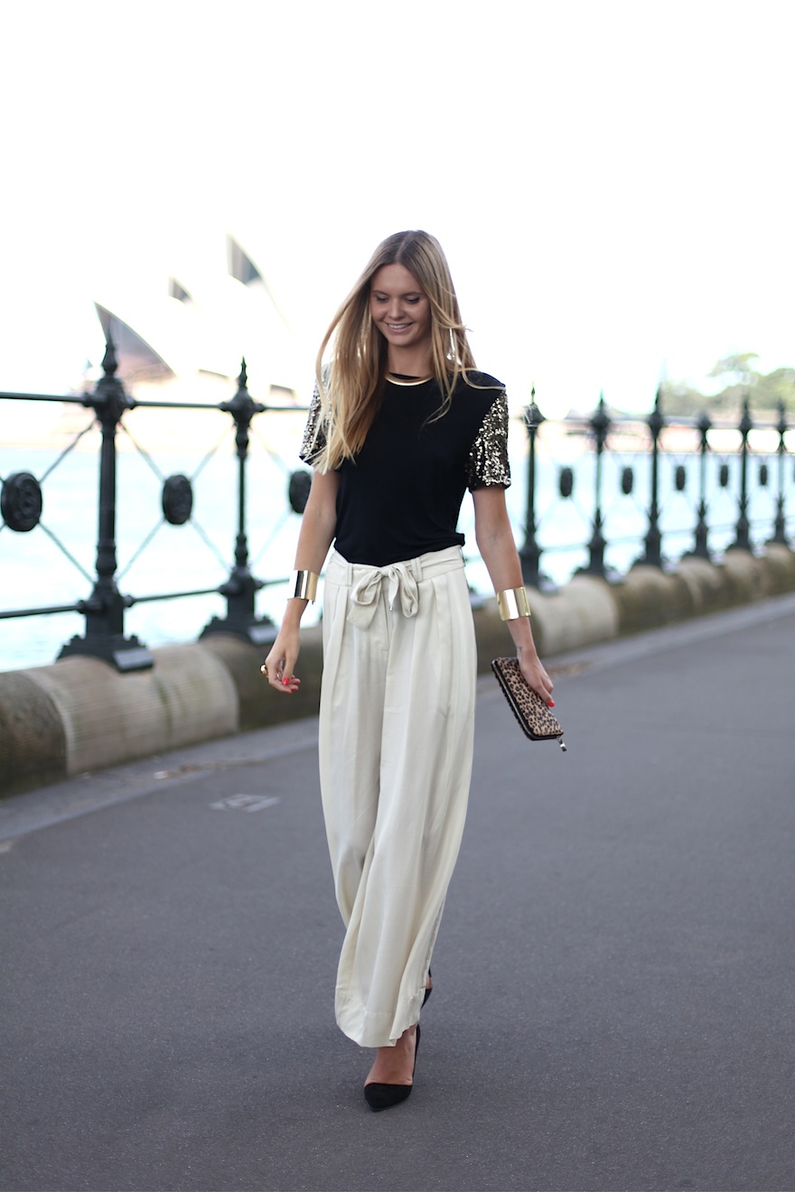 Tuula blog - gold sequin sleeves and palazzo trousers