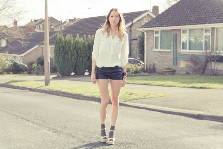 Cream Next Zip Shirt and H&M faux leather shorts 
