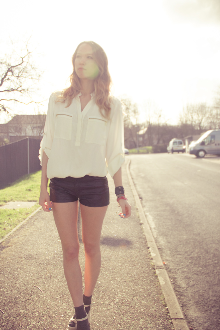 Cream Next Zip Shirt and H&M faux leather shorts 