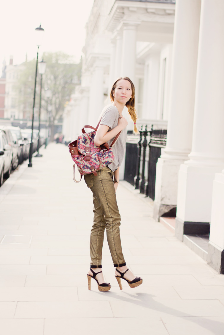 Next metallic gold jeans, grey tee, black cork platforms and and ditsy backpack