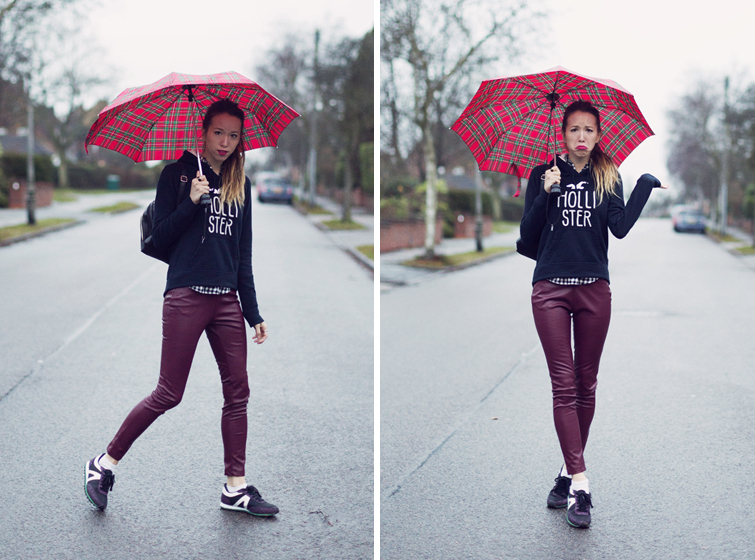 Outfit | Maroon Leather Leggings and Hollister Hoodie - Girl in the Lens